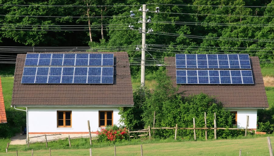 Aerial view of a rural community powered by solar microgrid installation