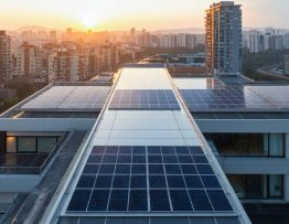 "Modern city skyline featuring buildings with solar panels and 5G antennas at sunset."