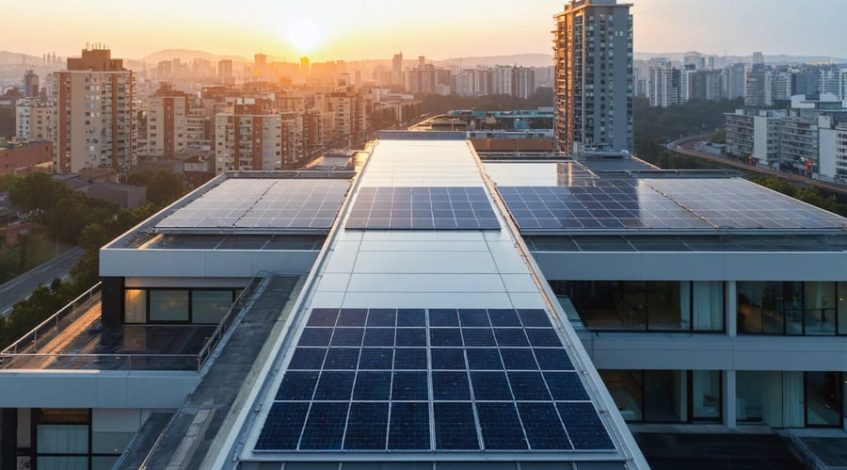 "Modern city skyline featuring buildings with solar panels and 5G antennas at sunset."
