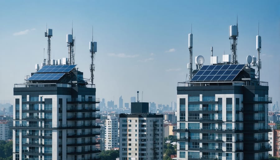 Cityscape view with 5G towers and rooftop solar panels during sunset