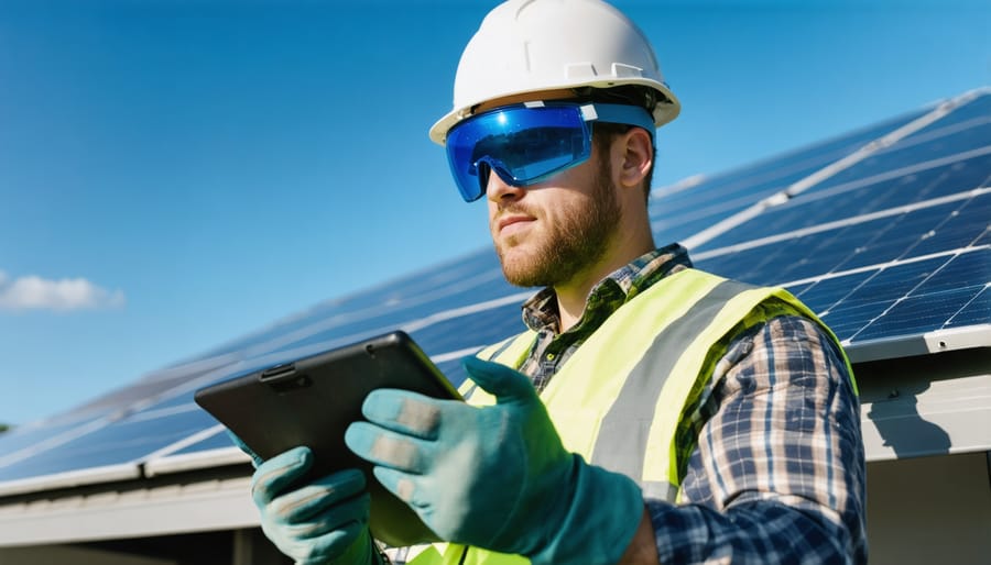 Rooftop solar installer wearing smart glasses working on panel installation