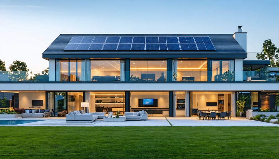 Modern residential home with roof-mounted solar panels and contemporary architecture