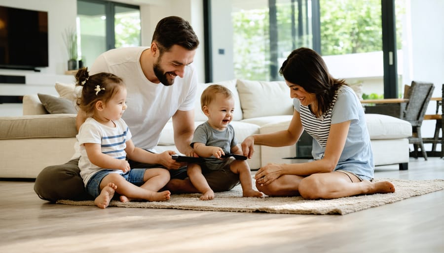 Family relaxing in modern smart home living room with automated features