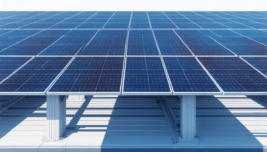 Aerial view of large commercial rooftop solar installation with digital overlay effects