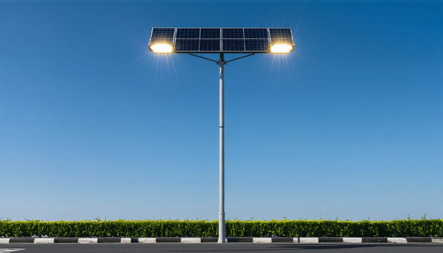 Modern street light pole with integrated solar panel and 5G equipment