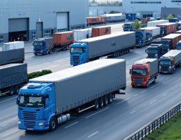 "Aerial view of a modern supply chain hub with trucks and containers, indicating efficient and sustainable logistics practices."