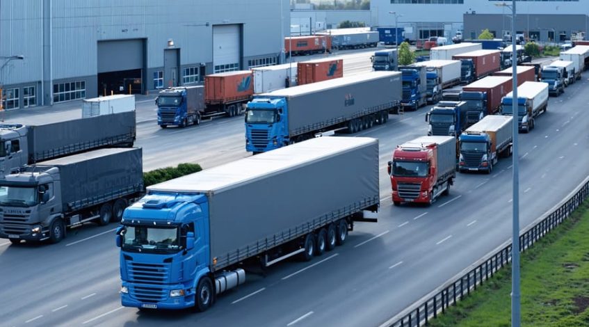 "Aerial view of a modern supply chain hub with trucks and containers, indicating efficient and sustainable logistics practices."