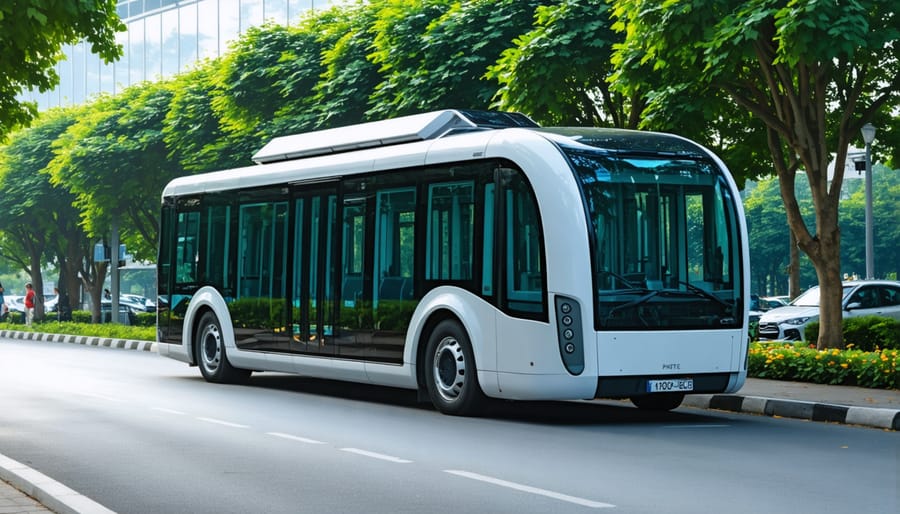 Electric bus at solar-powered charging station with 5G infrastructure