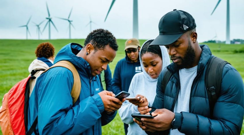 "A group of people using mobile devices with wind turbines in the background, showcasing digital engagement with wind energy projects."