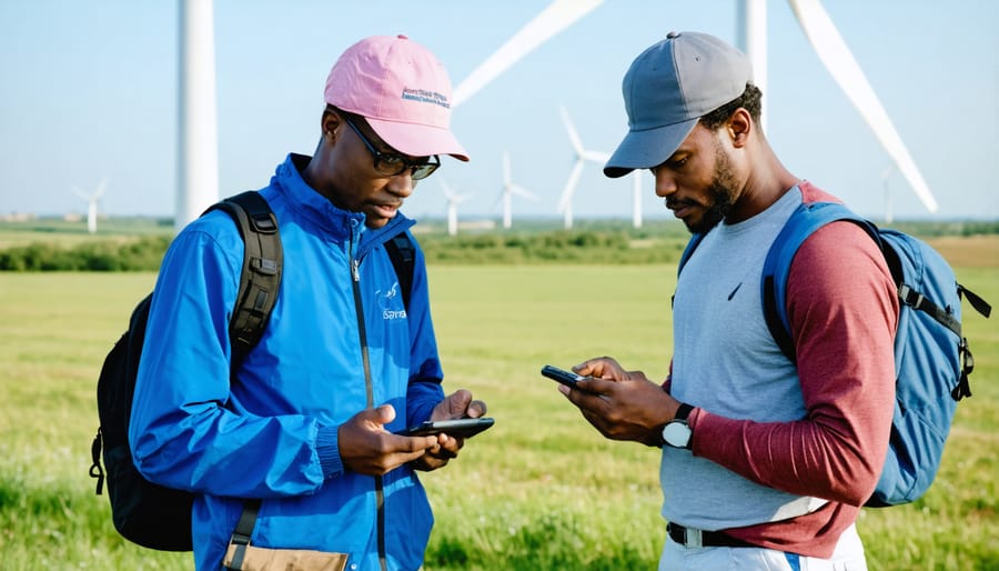 Group of people viewing mobile devices with wind turbines in background