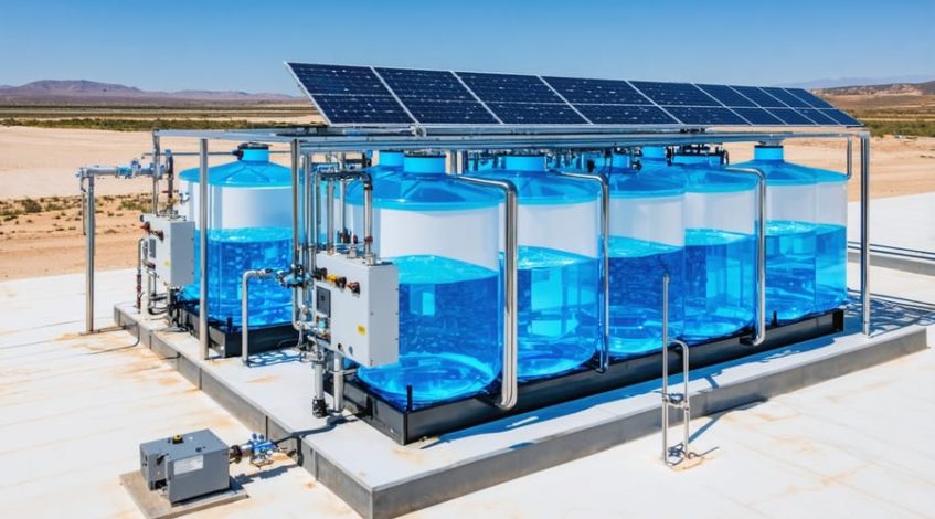 "Modern solar battery connected to a thermal storage unit with molten salt containers, in an industrial setting."