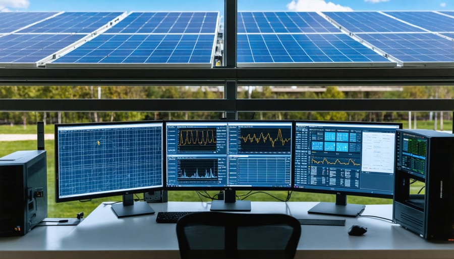 Modern solar installation control room with wall-mounted displays and monitoring stations