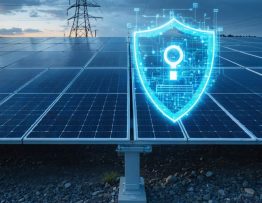 Commercial solar farm at golden hour with inverter cabinets and a translucent digital shield motif above the panels, implying cybersecurity; blurred substation and transmission towers in the background.