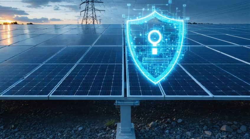 Commercial solar farm at golden hour with inverter cabinets and a translucent digital shield motif above the panels, implying cybersecurity; blurred substation and transmission towers in the background.