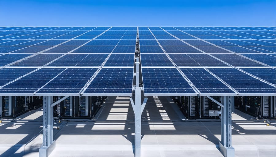 Aerial view of data center building with adjacent solar panel installation
