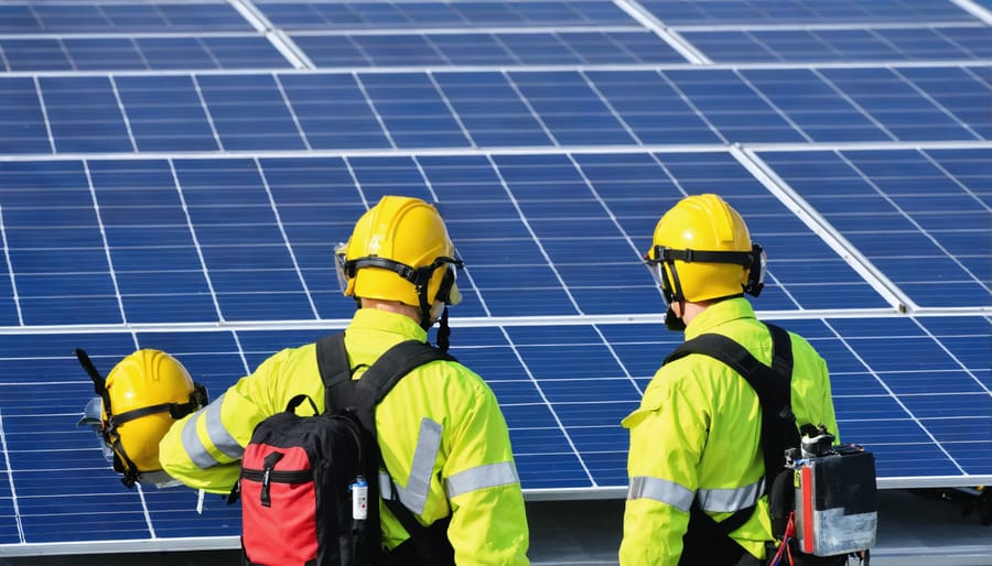 Team of firefighters engaged in hands-on training with solar panel emergency procedures