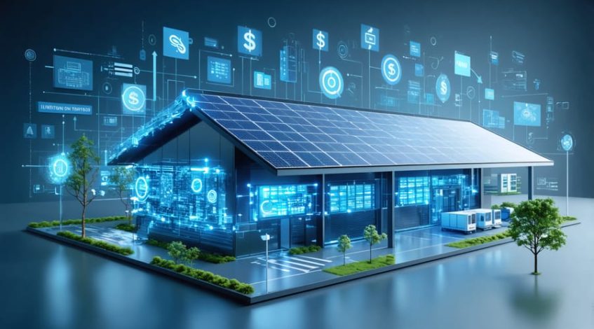 A futuristic commercial facility powered by solar panels and advanced lithium-ion battery storage systems, illustrating the theme of cost savings and efficiency in renewable energy for businesses.