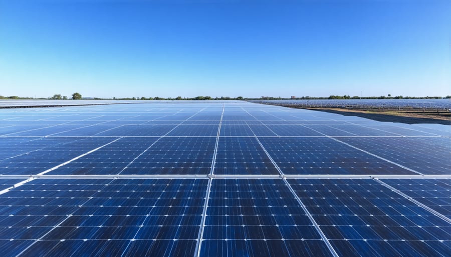 Aerial view of expansive solar farm installation with workers visible throughout