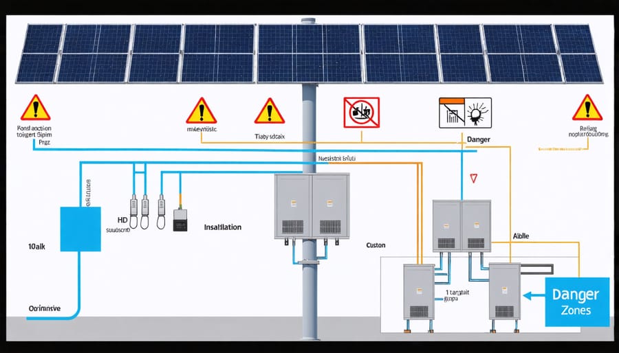 Technical diagram highlighting dangerous electrical components and safety zones in solar panel installations