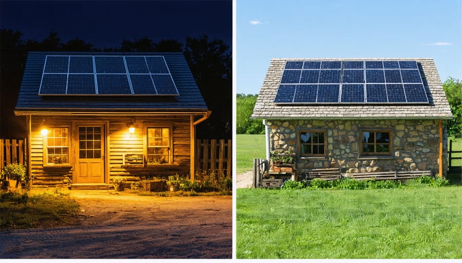 Comparison of rural Zambian shop at night: dim kerosene lighting versus bright solar-powered lighting