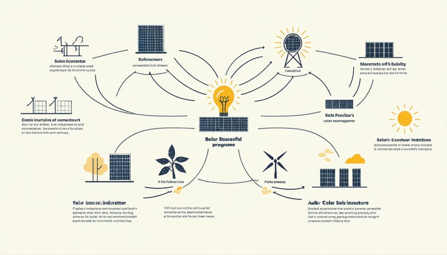 Visual diagram depicting key components of solar startup incubation including mentorship, funding, and market access