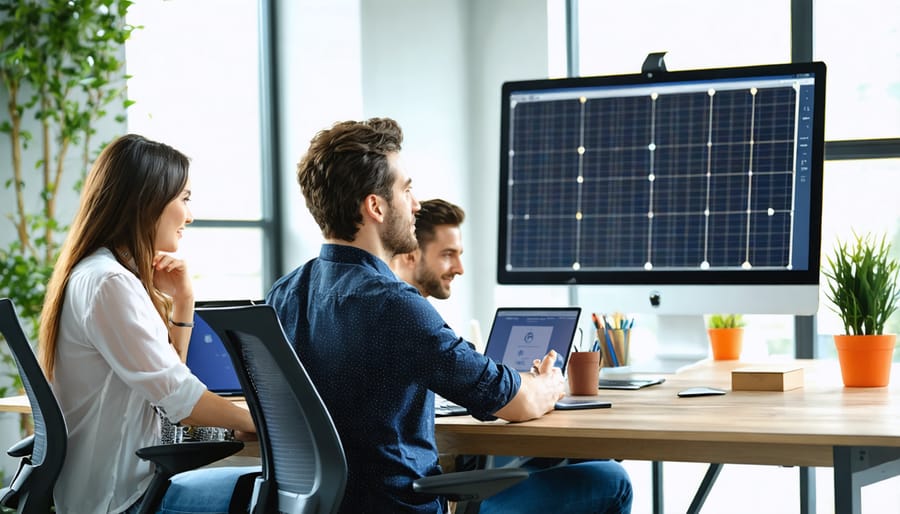 Solar energy entrepreneurs working in a collaborative incubator workspace with solar panels visible through windows