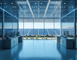 "Modern solar installation control room with wall-mounted displays and monitoring stations, lit by soft daylight with solar panels visible outside."