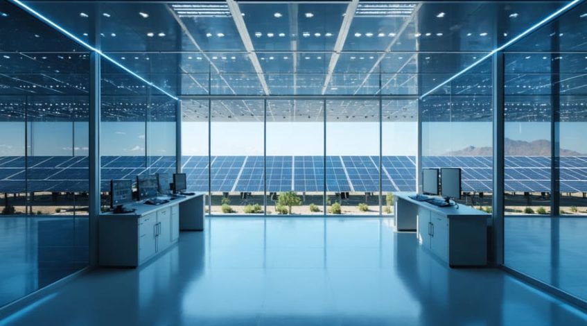 "Modern solar installation control room with wall-mounted displays and monitoring stations, lit by soft daylight with solar panels visible outside."