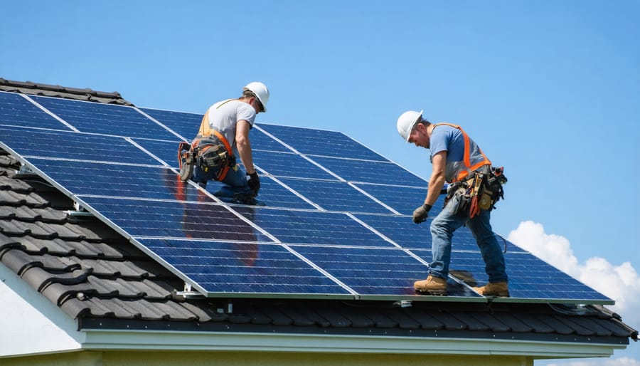 Solar installation workers in safety gear mounting panels on residential roof