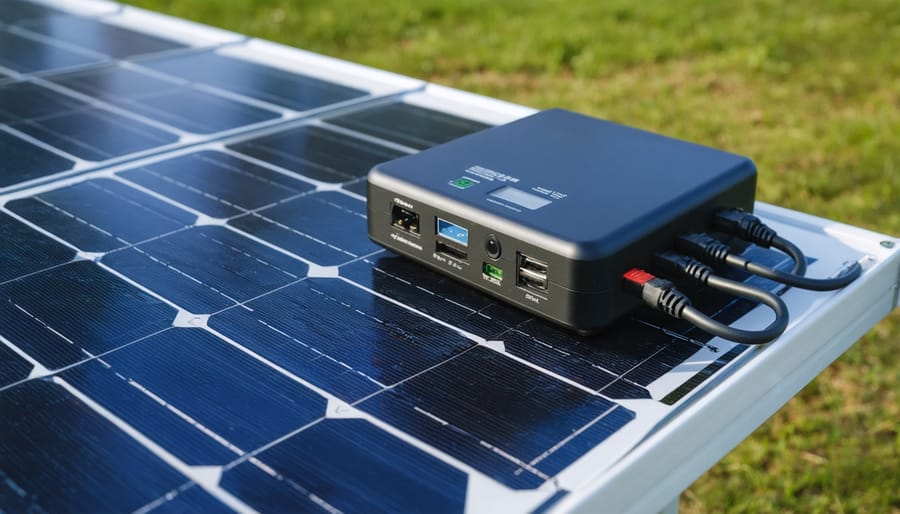 Close-up of ruggedized emergency solar kit components with weatherproof charging ports