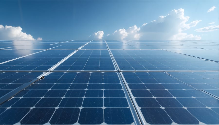 Technician examining rooftop solar panels at data center facility