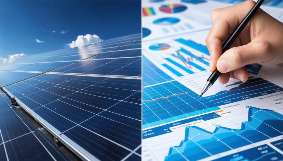 Solar panel production line alongside ROI and tax benefit charts