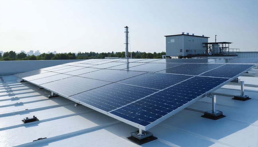 Aerial view of solar panels installed on hospital roof connected to sterilization facility