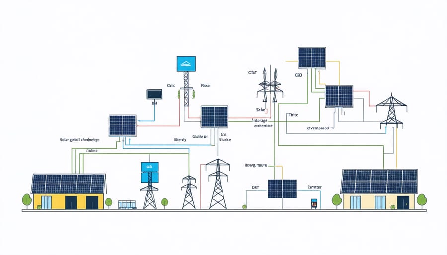 Technical diagram illustrating key components and connections in a solar microgrid system