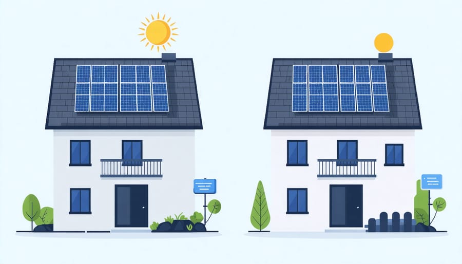 Side-by-side comparison of rooftop solar panels and a community solar subscription interface