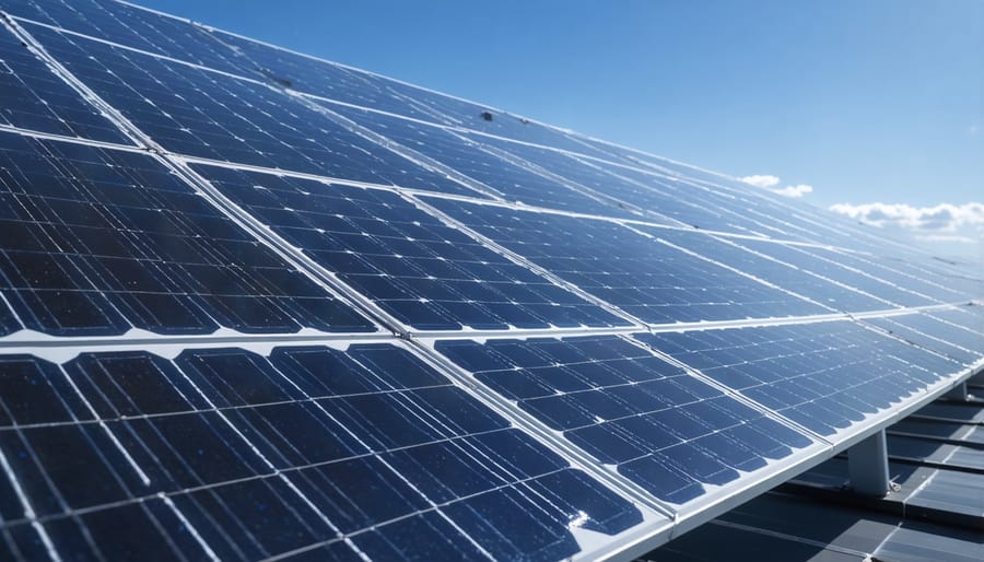 Detailed view of solar panel surface with morning dew reflecting sunlight