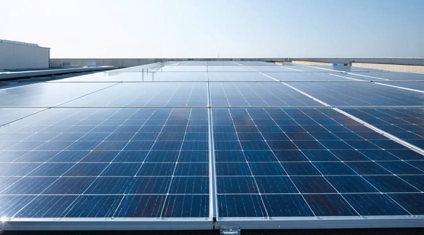 "Array of solar panels on a commercial rooftop with a clear sky and urban skyline in the background."