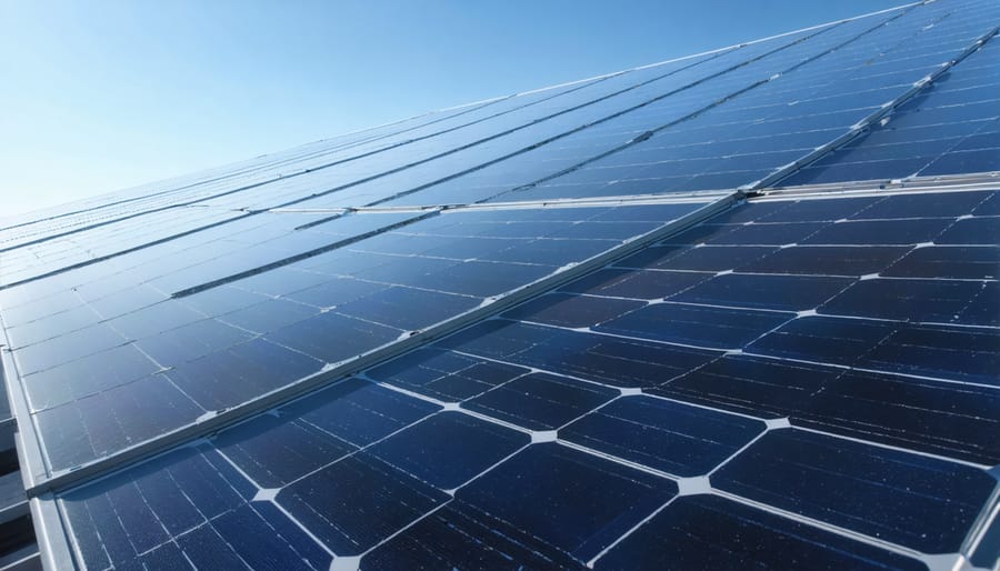 Close-up of solar panel surface with sunlight rays illuminating photovoltaic cells