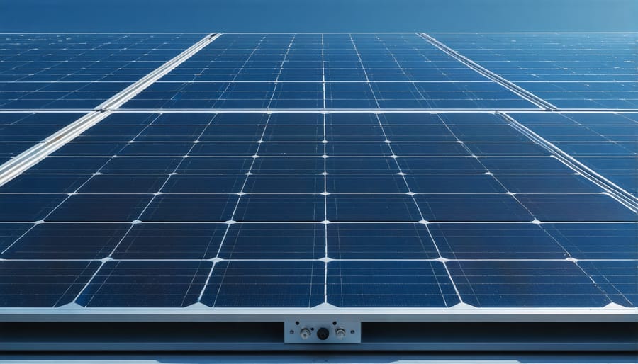 Profile view of solar panel mounted at specific angle against blue sky