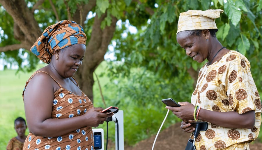 Rural Zambians using mobile payments at a solar-powered community charging station