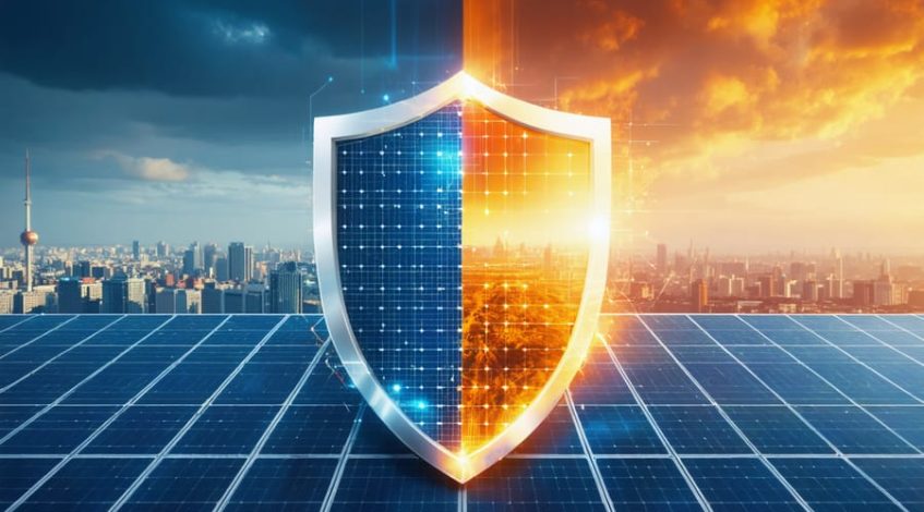 Conceptual image showing a solar panel shield protecting a business skyline, symbolizing how solar energy provides resilience against climate change impacts.