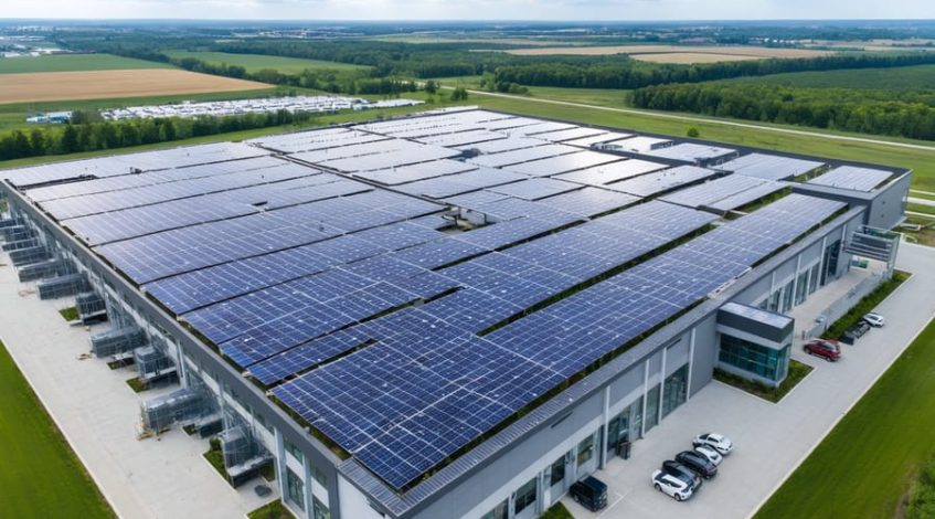 "An aerial view of a modern data center building with extensive solar panel installations surrounding it, showcasing the integration of renewable energy."