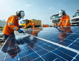 Emergency response personnel deploying solar panels and radio equipment for communication in a disaster-struck area, showcasing solar-powered technology in use.