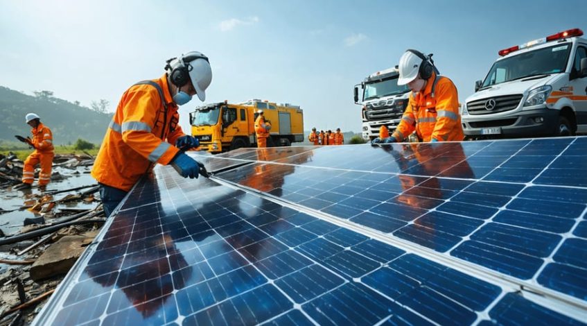 Emergency response personnel deploying solar panels and radio equipment for communication in a disaster-struck area, showcasing solar-powered technology in use.