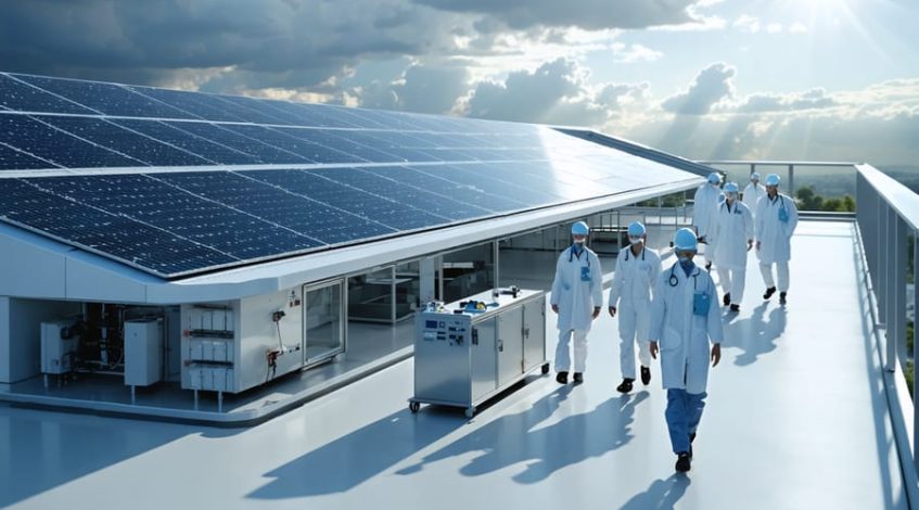 Hospital rooftop equipped with solar panels powering medical sterilization equipment, observed by healthcare professionals in a clean and modern setting.