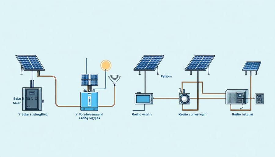 Infographic illustrating solar panels, batteries, and radio equipment connections