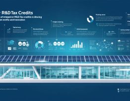 Infographic depicting a solar research facility with solar panels, financial growth graphs, and icons illustrating tax credits, symbolizing the convergence of renewable energy innovation and financial incentives.