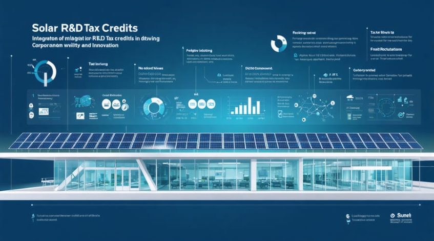 Infographic depicting a solar research facility with solar panels, financial growth graphs, and icons illustrating tax credits, symbolizing the convergence of renewable energy innovation and financial incentives.
