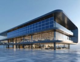 3D rendering of a modern commercial building with integrated solar panels and highlighted structural reinforcements designed for disaster resilience.