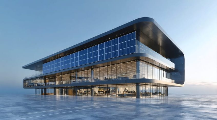 3D rendering of a modern commercial building with integrated solar panels and highlighted structural reinforcements designed for disaster resilience.